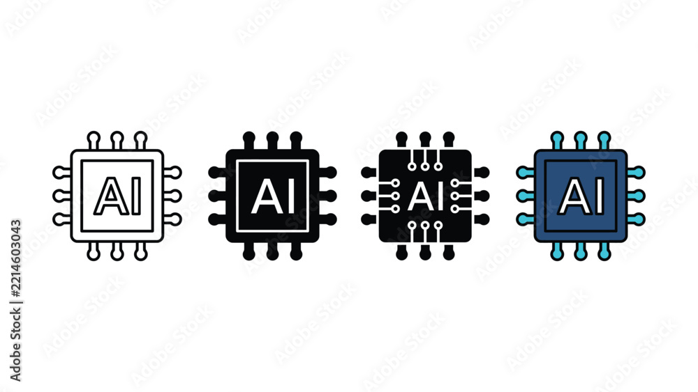 Fototapeta premium Set of artificial intelligence microprocessor chip icons in different flat linear styles