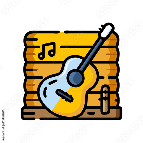 Acoustic guitar icon with musical note symbol in flat vector style