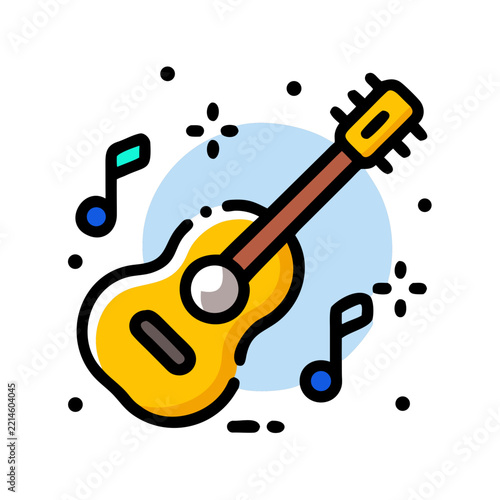 Acoustic guitar icon with musical notes in a flat vector design