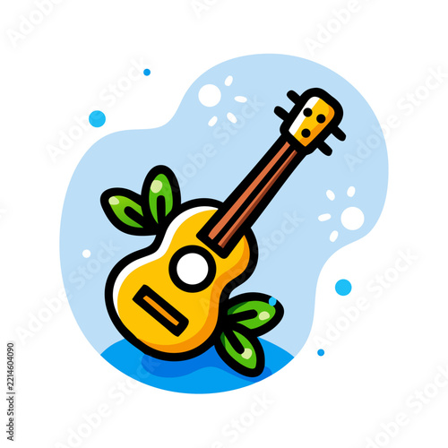 Cute ukulele icon with green leaves in a flat vector illustration
