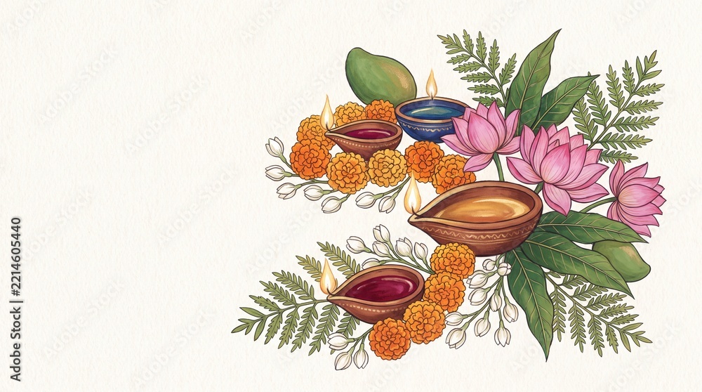 Fototapeta premium festive floral illustrations, a sophisticated illustration featuring glowing diyas amidst vibrant floral elements