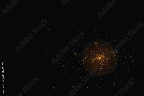 Abstract gold particles light explosion on black background for celebrations and luxury designs.