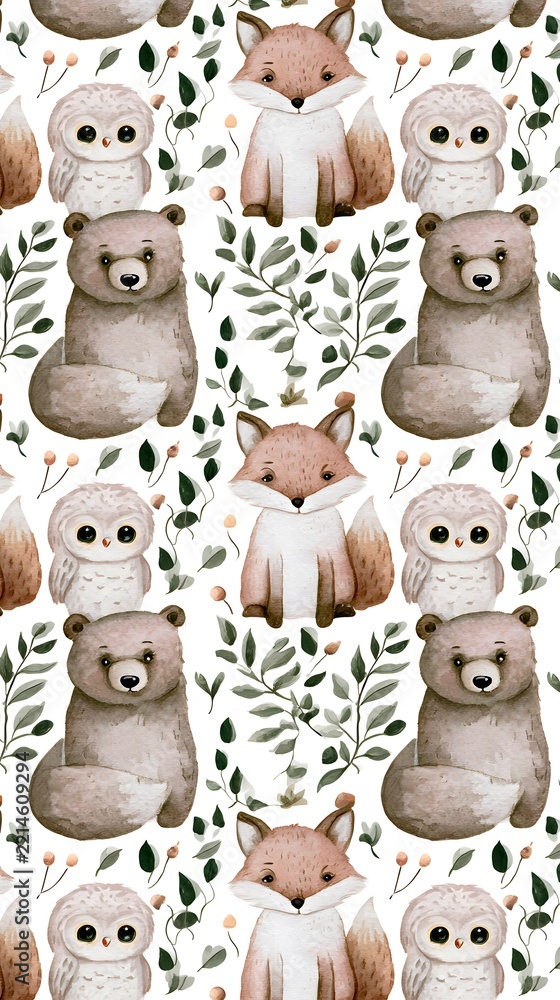 Fototapeta premium Woodland animals pattern with fox bear and owl on white background