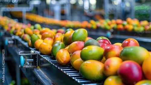 Panoramic Colorful Mangoes on a conveyor belt 