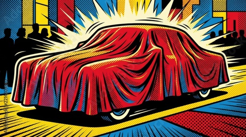 A brightly colored car is revealed under a red cloth with onlookers in silhouette