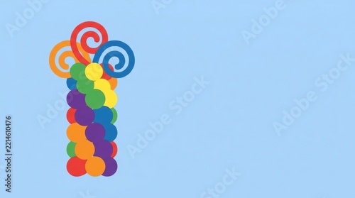 Colorful abstract swirling shapes and circles arranged vertically against a light blue sky
