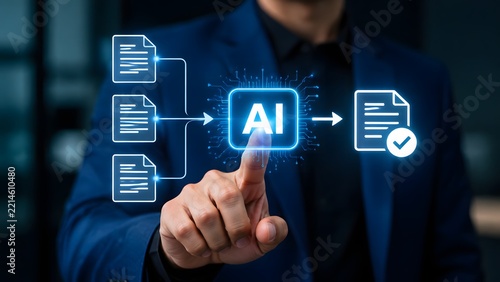 A business professional interacts with a digital holographic interface, using artificial intelligence to process multiple document workflows into a single verified file.