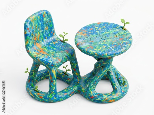 Recycled plastic chair and table, circular economy design