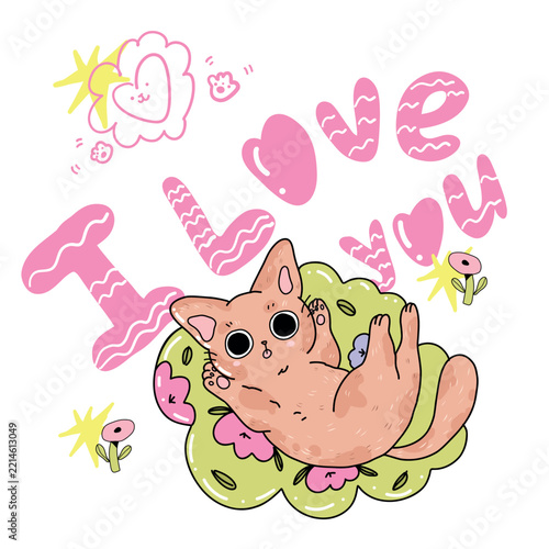 Romantic Valentine's Day card featuring a playful cat resting in a flower meadow with the message “I love you”. Charming floral vector design on white.
