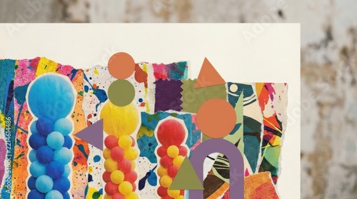 Abstract collage with torn paper paint splatters circles and geometric shapes colorful