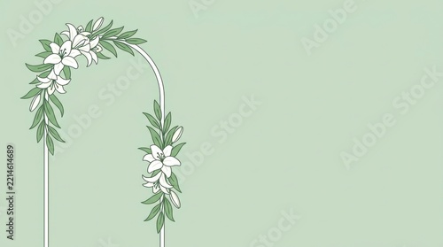 Decorative archway adorned with white lilies and green leaves on a pale green backdrop