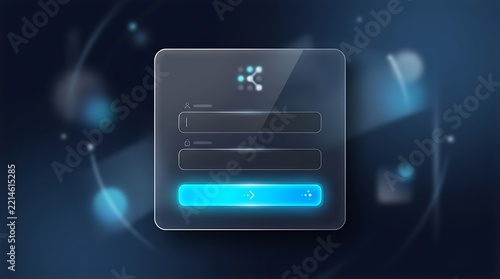 Glassmorphism login interface with glowing blue button on dark