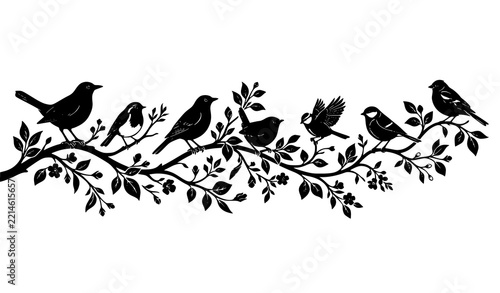 Spring Birds Sitting on Decorative Tree Branch Vector Silhouette
