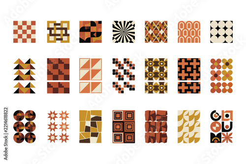 21 Geometric Retro Tile Pattern Set with Mid Century Modern Seamless Vintage Square Motifs for Textile Design Wallpaper Interior Decor Packaging Backgrounds and Contemporary Graphic Projects