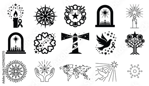 Memorial and Remembrance Icon Set Featuring Candles, Doves, Lighthouses, and Stars in Minimalist Black Vector Style
