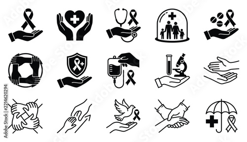 Medical Cancer Awareness Ribbon Icon Set, Healthcare Support Symbols, Vector Flat Illustrations on White Background