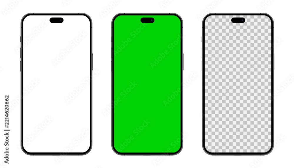 Fototapeta premium iPhone 18 pro modern smartphone mockup set with white empty, green and transparent touch screen. Detailed mockup smartphone, model mobile