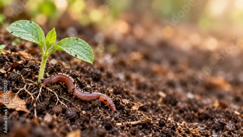 Earthworm moving through dark soil beside the exposed roots of a seedling