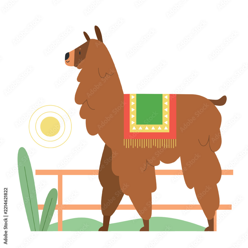 Fototapeta premium Standing llama alpaca. Mexican animal, llama with traditional decoration vector illustration