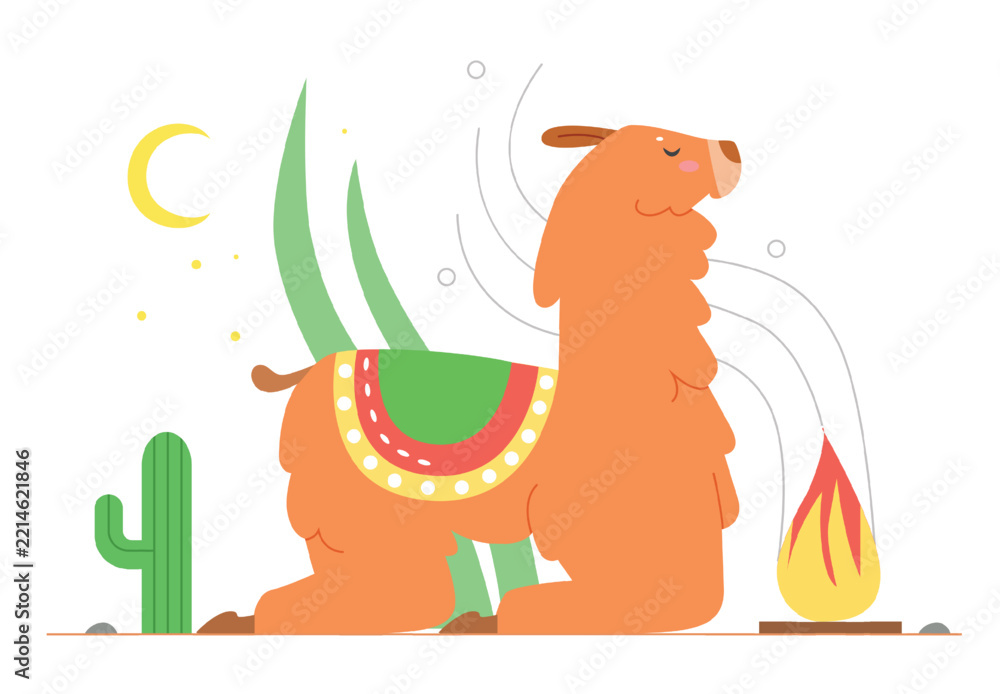 Fototapeta premium Sitting cute llama alpaca. Sleeping mexican animal at bonfire vector illustration