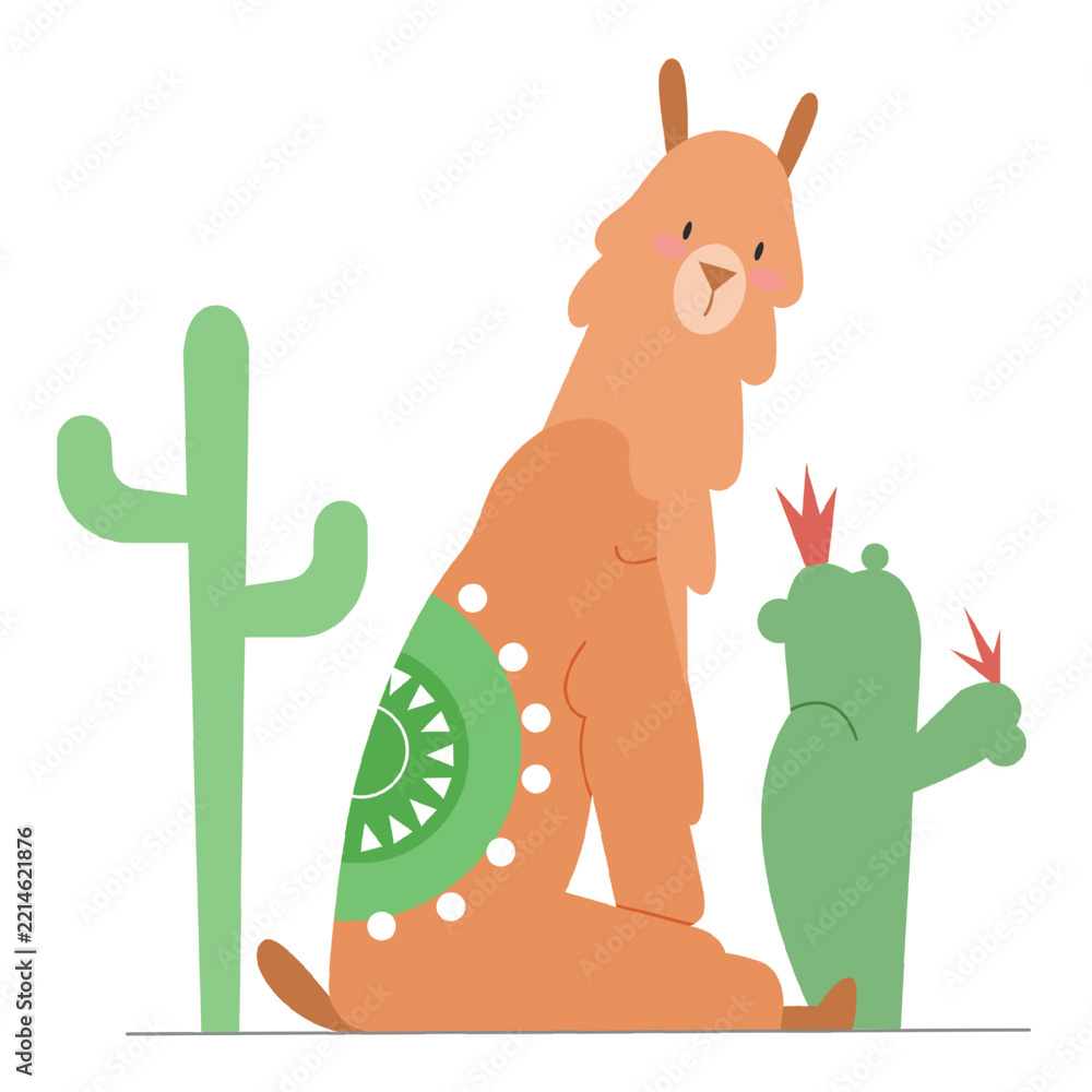 Fototapeta premium Cute llama sitting between cactuses. Camel family llama alpacas vector illustration