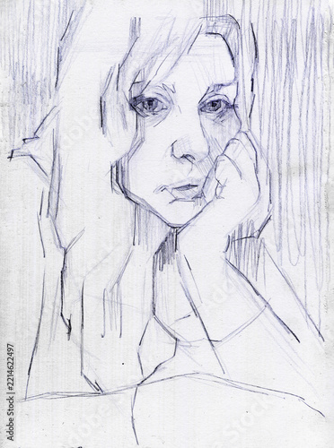 Ritratto espressivo di giovane donna pensierosa con la testa appoggiata alla mano, schizzo artistico a penna biro blu e matita con tratteggio verticale lineare, disegno intimo e malinconico del volto 