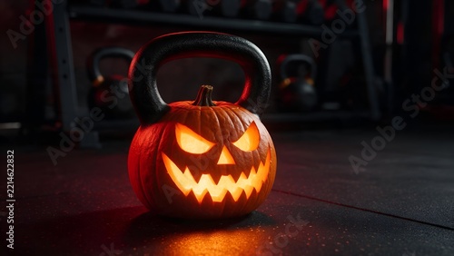 Glowing jack o lantern carved pumpkin shaped like a fitness kettlebell resting on gym floor with dramatic red lighting creating spooky workout atmosphere