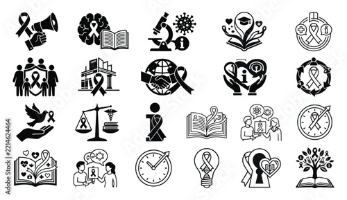 Cancer Awareness Ribbon Icons Set, Medical Research and Healthcare Support Symbols, Vector Illustration Collection