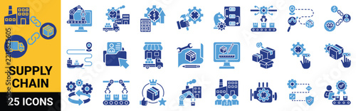 Supply chain icon set in duotone style, including value, package, product, production, factory, industry, industrial, delivery, distribution, inventory, logistics, management, human resources, budget