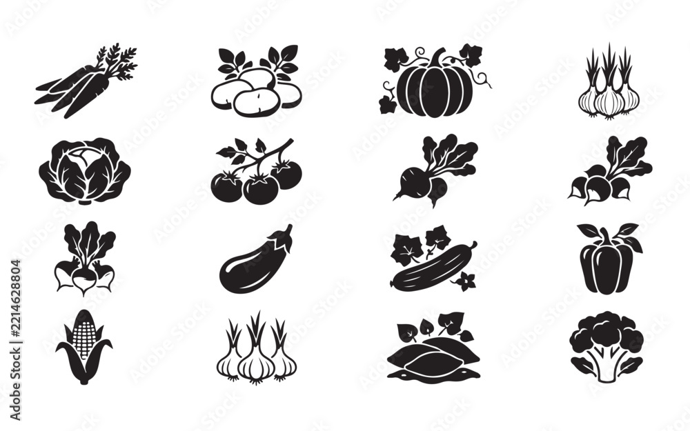 Fototapeta premium individual fresh farm vegetables black silhouettes on transparent background for healthy eating designs.