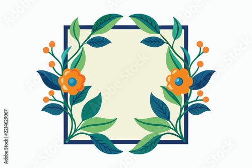 Floral frame with green leaves and orange flowers, elegant square botanical border for wedding invitations