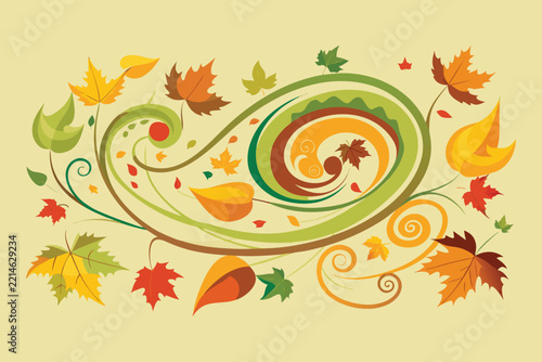 Autumn leaves vector decorative swirl frame, fall foliage ornamental design element, floral leaf illustration
