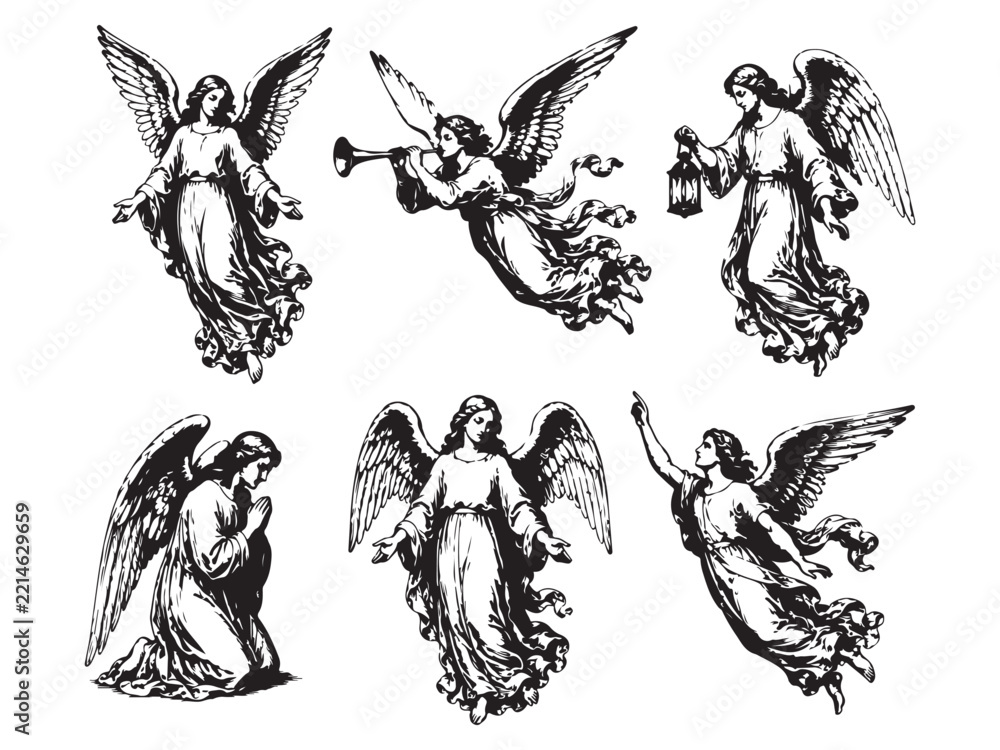 Fototapeta premium Flying and Praying Angels Vintage Religious Illustration Set