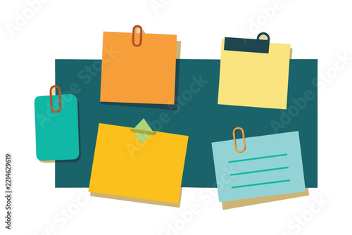 Colorful sticky note set with paper clips on dark board, flat vector sticky notes graphic, office memo message layout