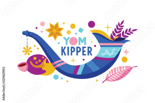 Yom Kippur traditional holiday graphic vector illustration, Jewish shofar horn greeting banner design art