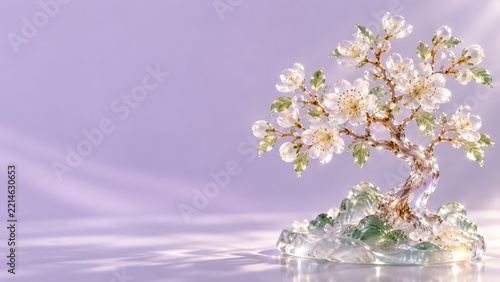 Transparent glass blossom tree with green leaves on a lavender background