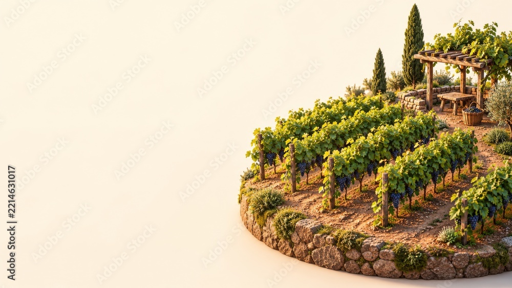 Naklejka premium Miniature vineyard with purple grapes a wooden pergola and cypress trees