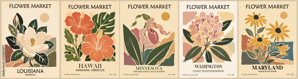 Naklejka premium Five vintage posters display blooming flowers in warm tones. Each flower represents a different U.S. State official bloom. Designs feature elegant, stylized petals and leaves