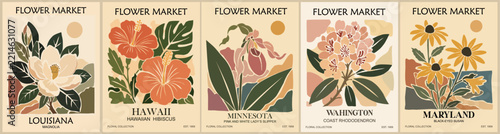 Five vintage posters display blooming flowers in warm tones. Each flower represents a different U.S. State official bloom. Designs feature elegant, stylized petals and leaves