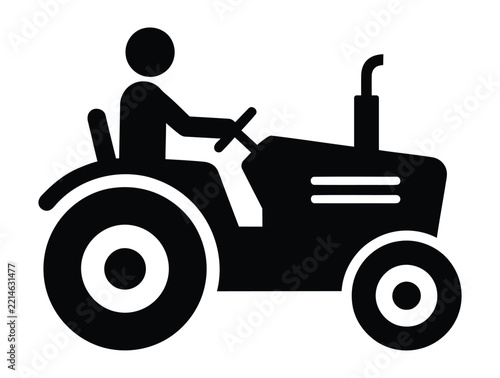 Flat black icon of a farmer driving a farm tractor machine