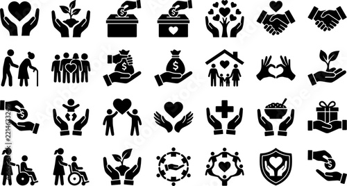 Charity and non profit organization vector icon set featuring donation box, helping hands, heart care, and volunteer support   