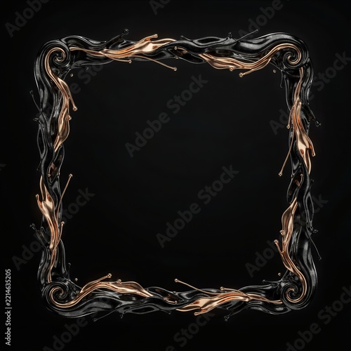 Glossy Black and Liquid Bronze Metallic Splash Border Frame on Dark Background