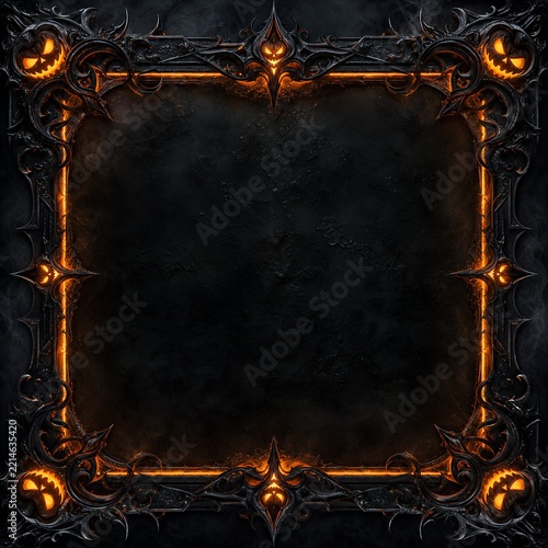 Dark Gothic Filigree Metal Frame with Glowing Fiery Carved Pumpkin Faces
