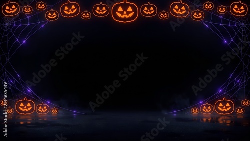 Halloween Neon Pumpkin Frame with Spider Webs on Dark Wet Floor Banner
