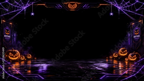 Esports Halloween Gaming Stream Overlay Banner with Neon Pumpkins and Spiderweb