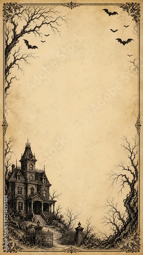 Antique Victorian Haunted Mansion and Flying Bats Engraving Border Frame on Parchment