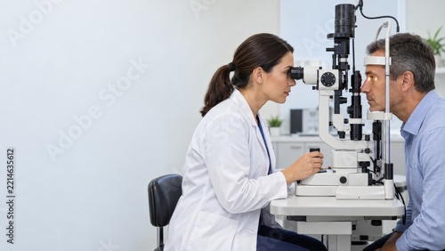 Ophthalmologist Examining a Man with a Slit Lamp in a Bright Eye Clinic