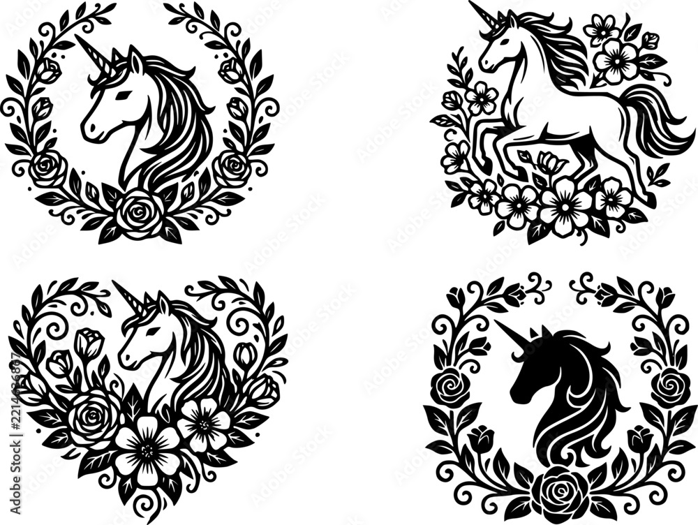 Fototapeta premium Beautiful T-shirt print vector design with unicorn and flowers