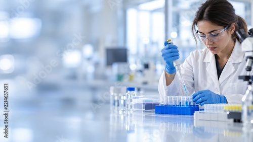 Laboratory Scientist Pipetting Liquid Samples beside Glass Tubes and Flasks