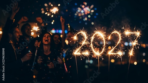 Celebrating New Year 2021 Sparkling Fireworks with Crowd